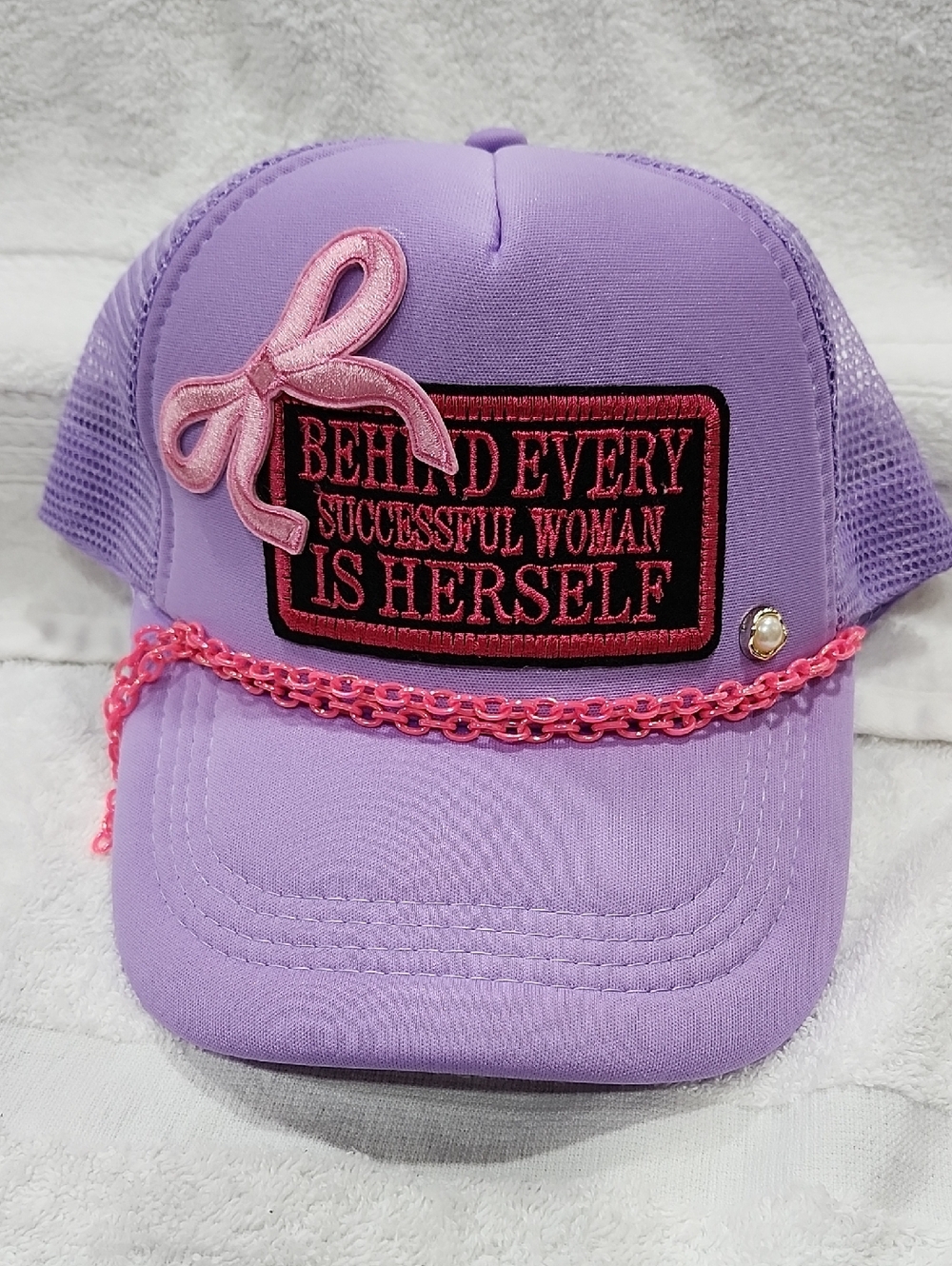 LAVENDER & PINK INSPIRATIONAL QUOTE TRUCKER HAT WITH CHAIN EMBELISHMENT